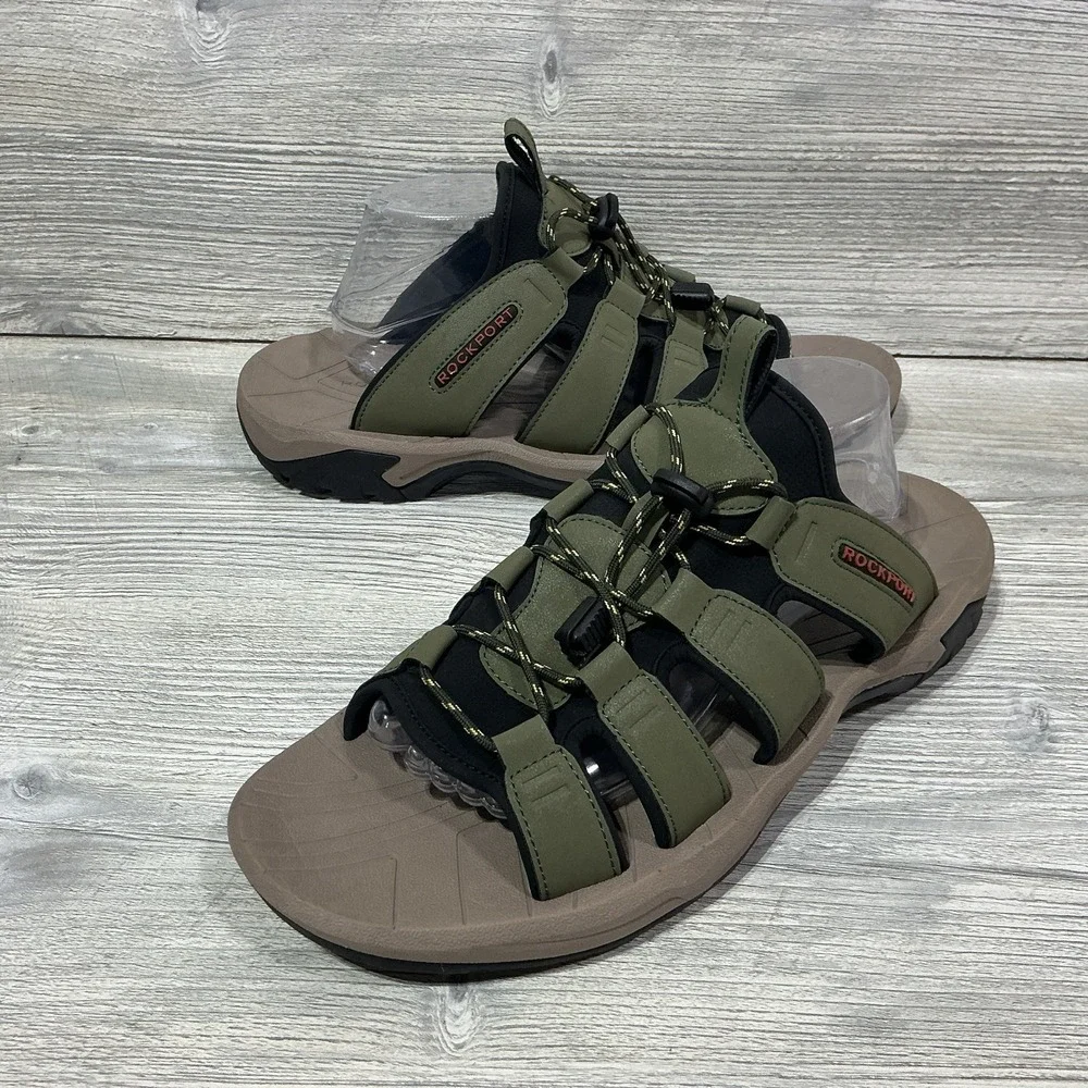 Mens Rockport Green Byron Bungee Outdoor Slide Sandals Shoes Adjustable Size 12M